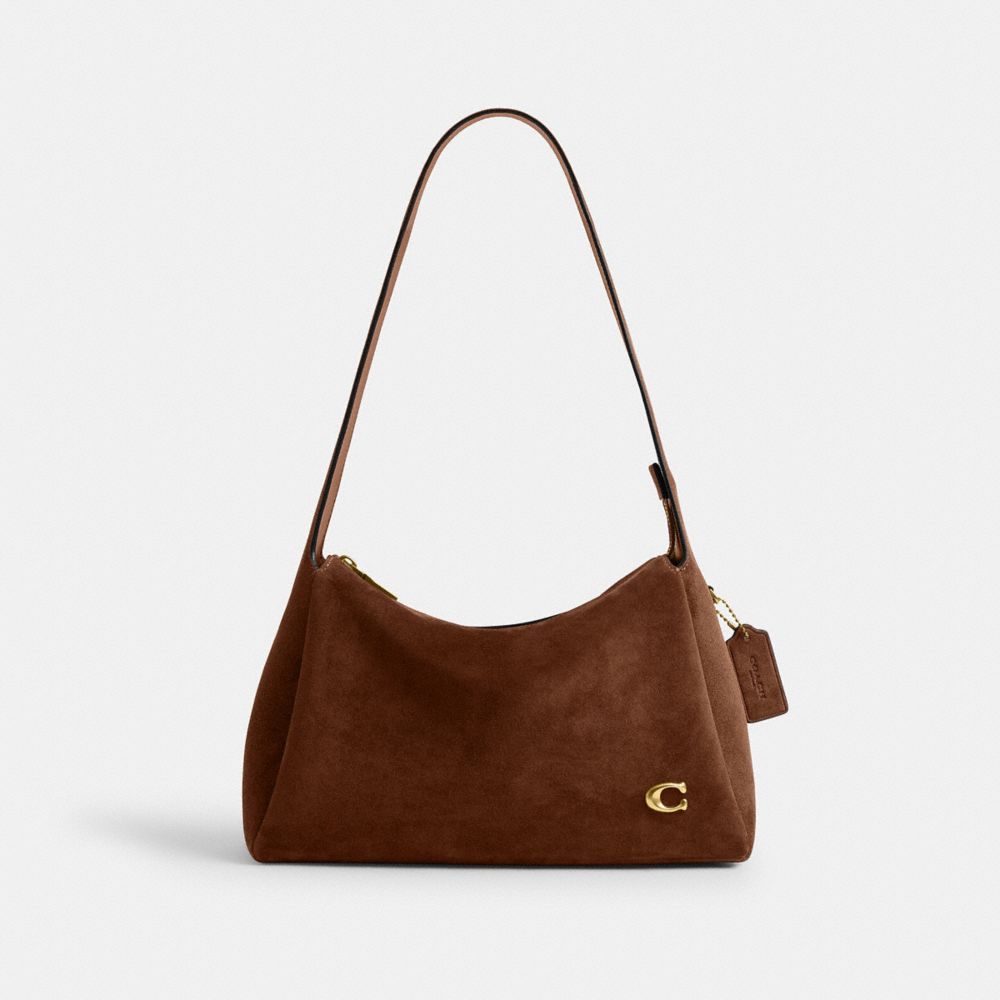 COACH®,Lola Shoulder Bag,Suede,Leather,Calfskin Leather,Lining Leather,Shoulder Bag,Logo,Metal,Brass,Casual,Brown,Front View