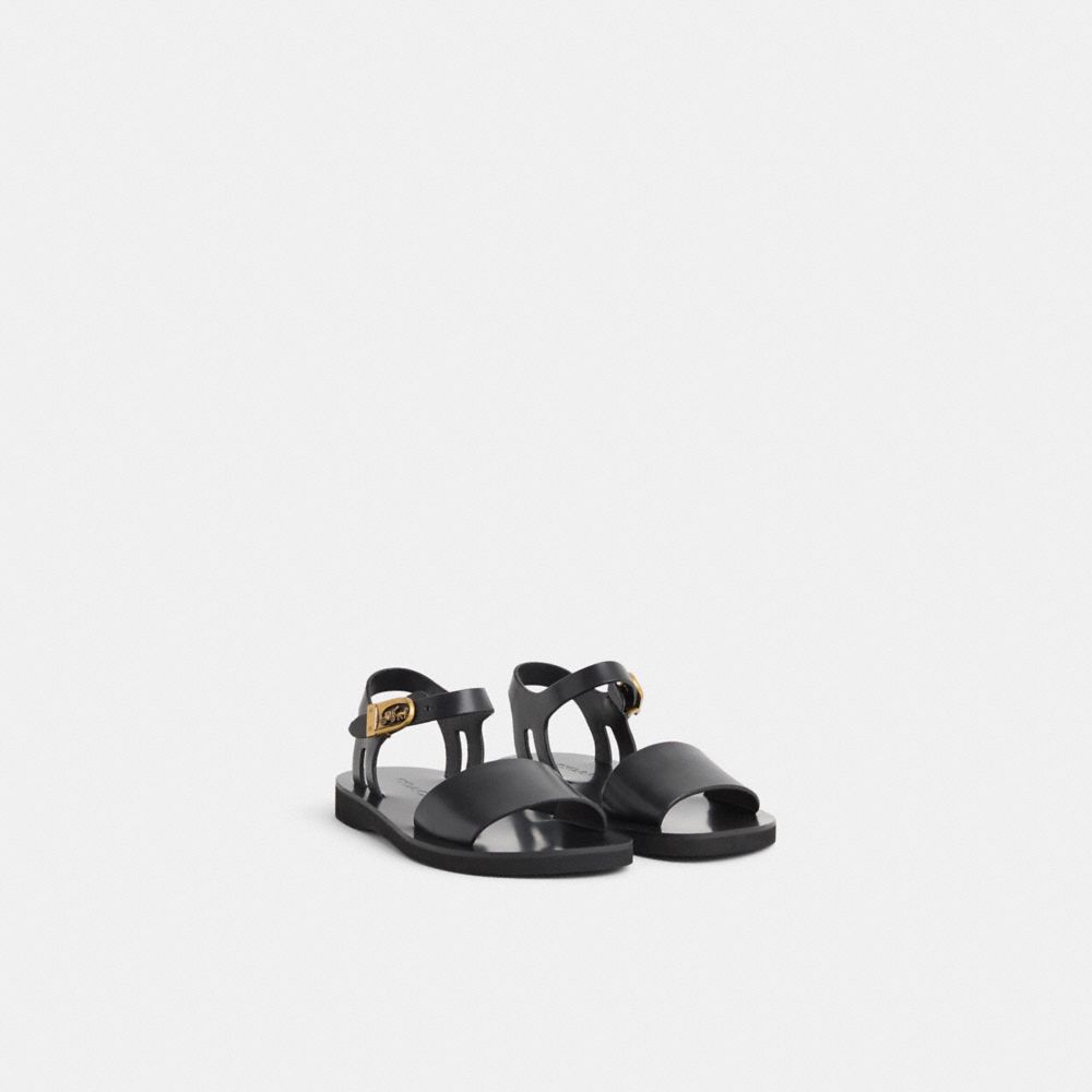 COACH®,Restored Ankle Strap Sandal,Leather,Rubber,Sandals,Logo,Metal,Casual,Black,Angle View