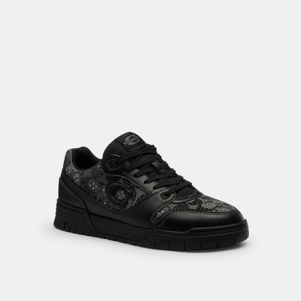 COACH®,Soho Sneaker In Crystal Signature Jacquard,Polyester,EVA,Rubber,Recycled Cotton,Leather,Cotton,Recycled Polyester,C...,Black,Front View