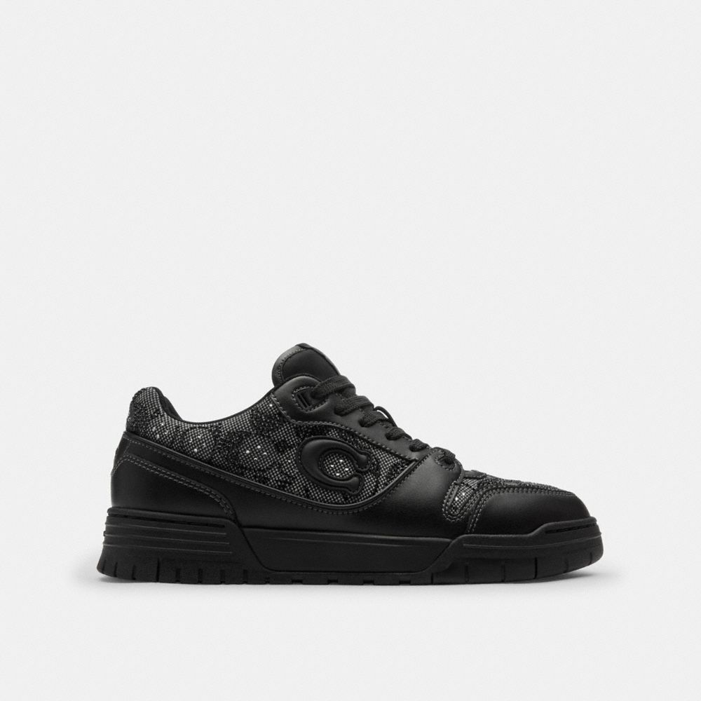 COACH®,Soho Sneaker In Crystal Signature Jacquard,Polyester,EVA,Rubber,Recycled Cotton,Leather,Cotton,Recycled Polyester,C...,Black,Angle View