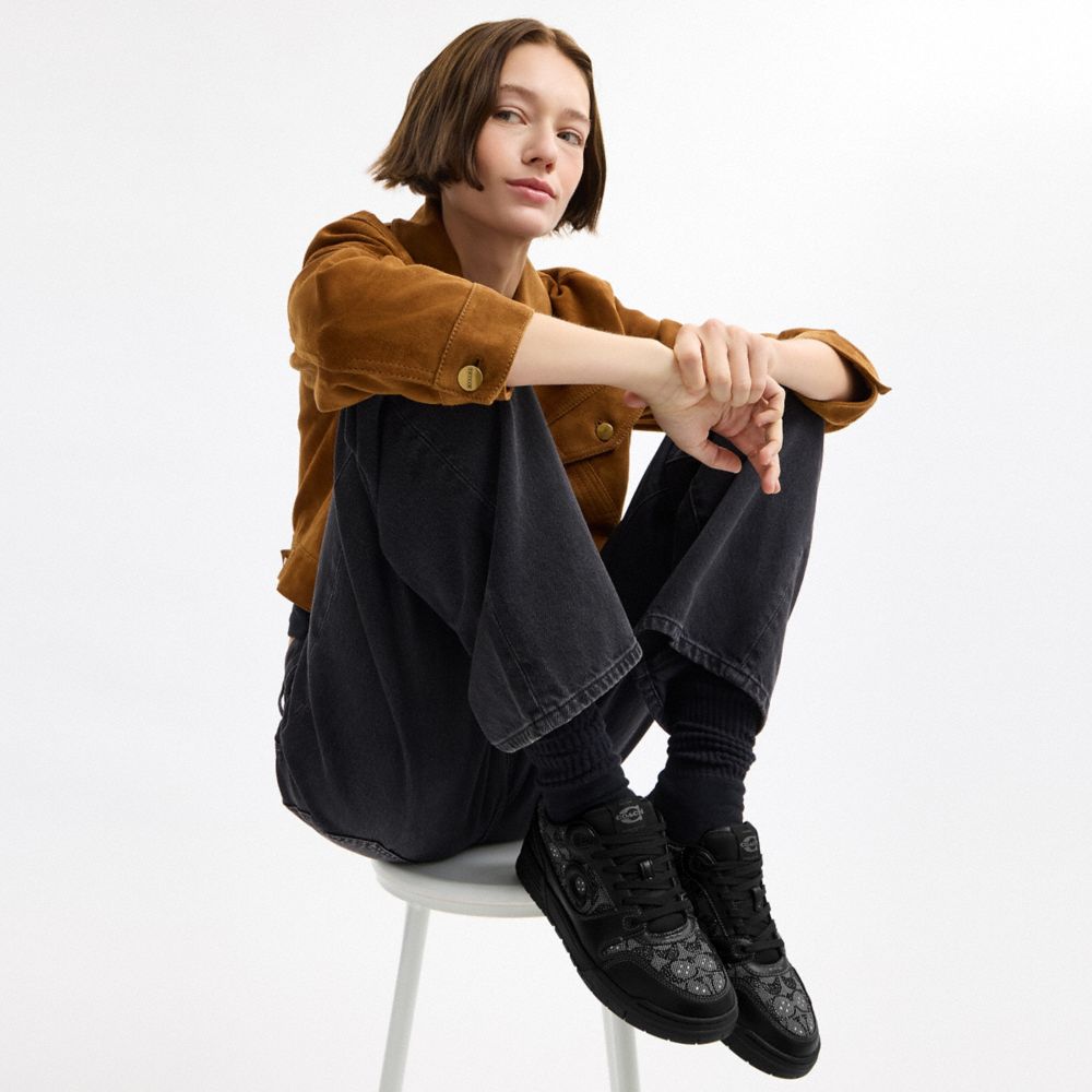 COACH®,Soho Sneaker In Crystal Signature Jacquard,Polyester,EVA,Rubber,Recycled Cotton,Leather,Cotton,Recycled Polyester,C...,Black,Detail View