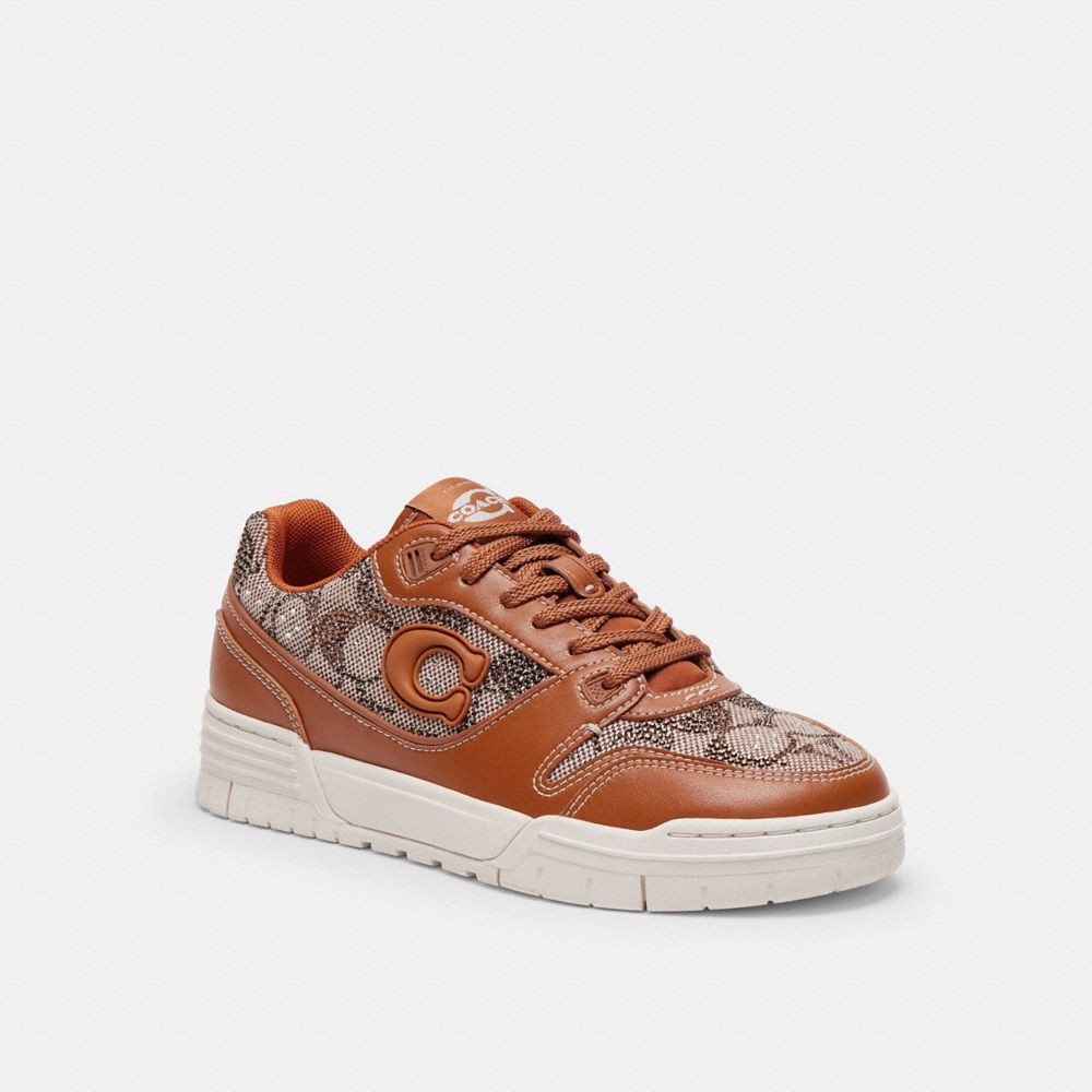 COACH®,Soho Sneaker In Crystal Signature Jacquard,Polyester,EVA,Rubber,Recycled Cotton,Leather,Cotton,Recycled Polyester,C...,Brown,Front View