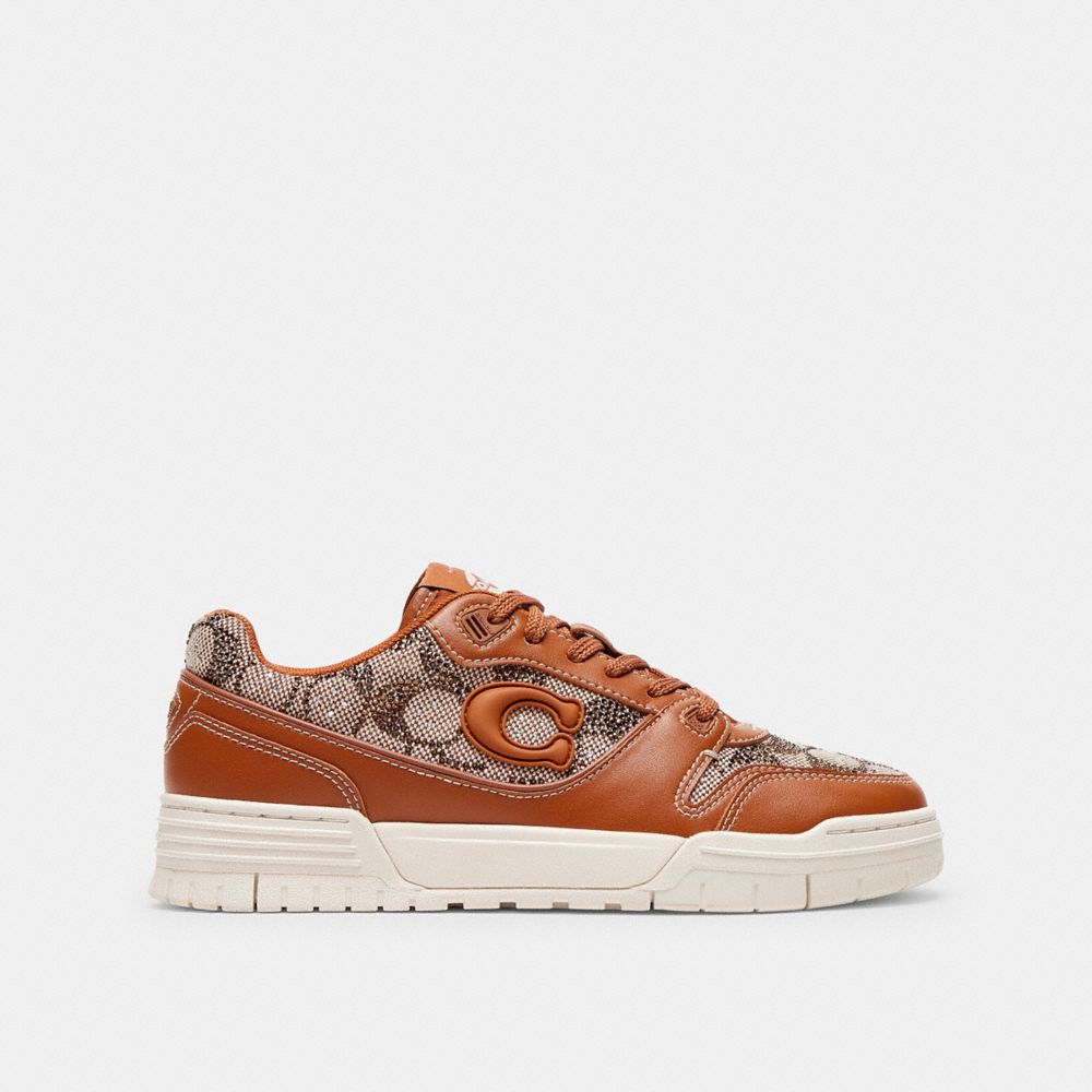COACH®,Soho Sneaker In Crystal Signature Jacquard,Polyester,EVA,Rubber,Recycled Cotton,Leather,Cotton,Recycled Polyester,C...,Brown,Angle View