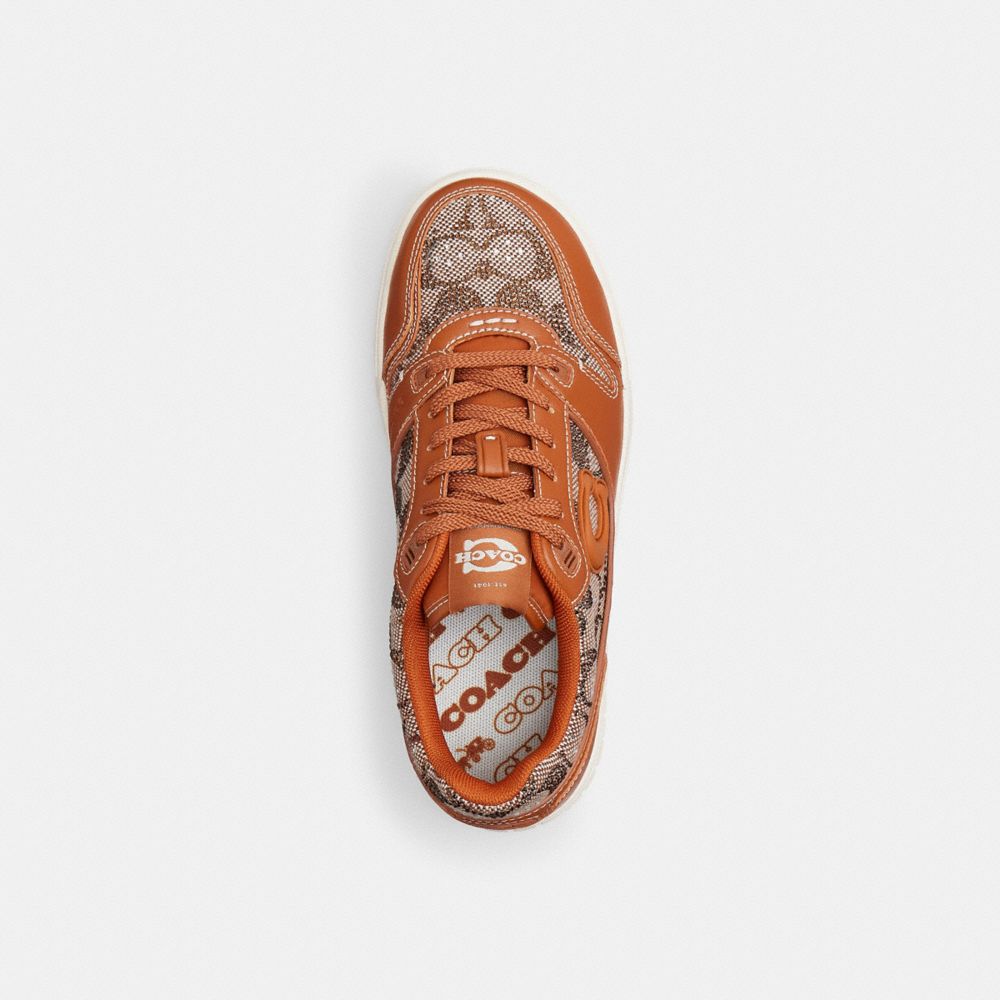 COACH®,Soho Sneaker In Crystal Signature Jacquard,Polyester,EVA,Rubber,Recycled Cotton,Leather,Cotton,Recycled Polyester,C...,Brown,Inside View,Top View