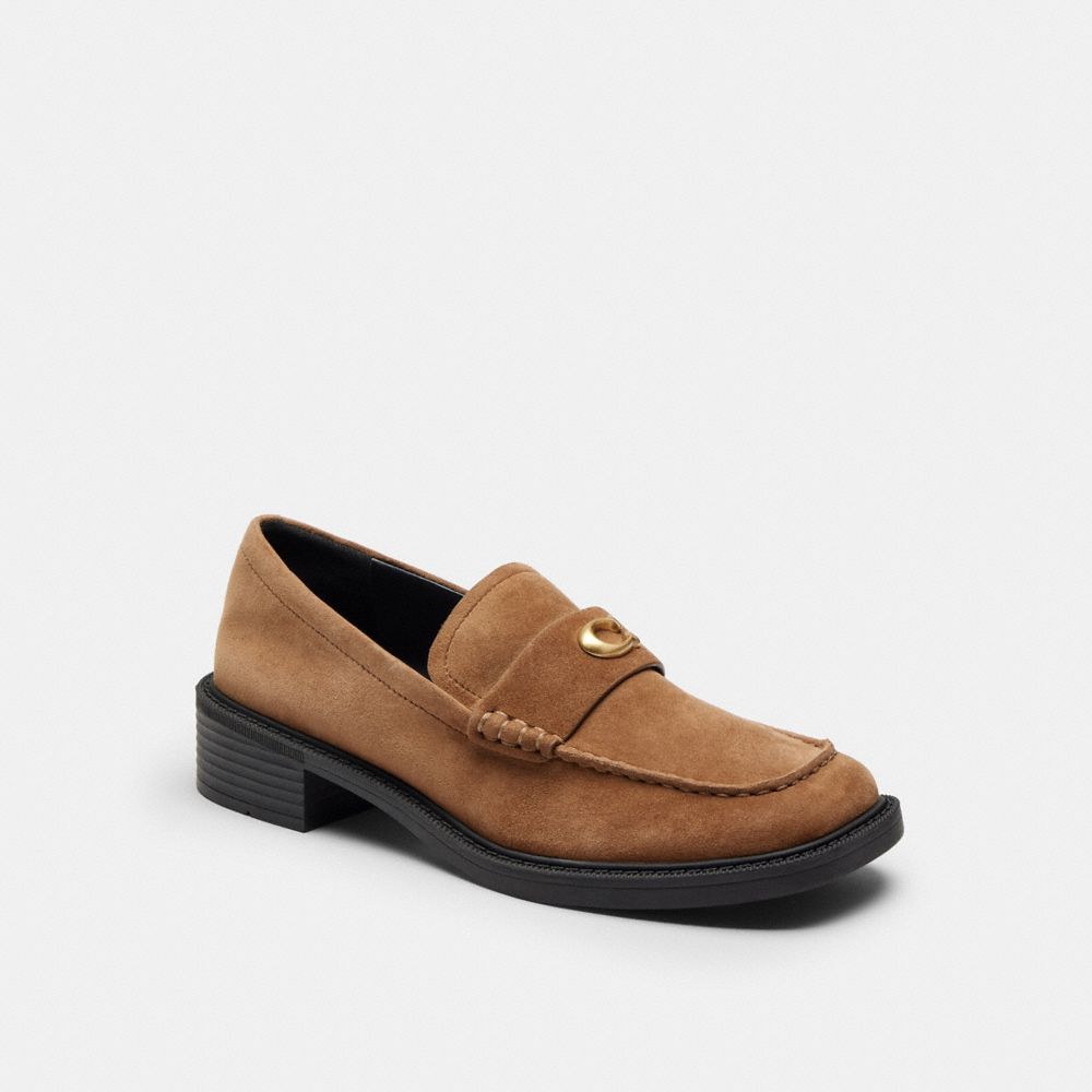 COACH®,Penny Loafer,Rubber,Leather,Suede,Loafer,Logo,Penny Loafer,Metal,Padded Insole,Work,Brown,Front View