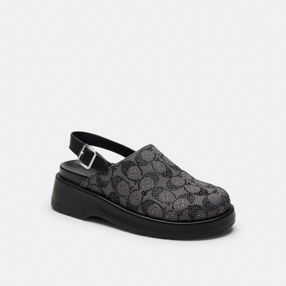 COACH®,Sculpted C Platform Clog In Crystal Signature Jacquard,Rubber,Recycled Polyester,Leather,Shearling,Cotton,Clogs,Cry...,Multi Color,Front View