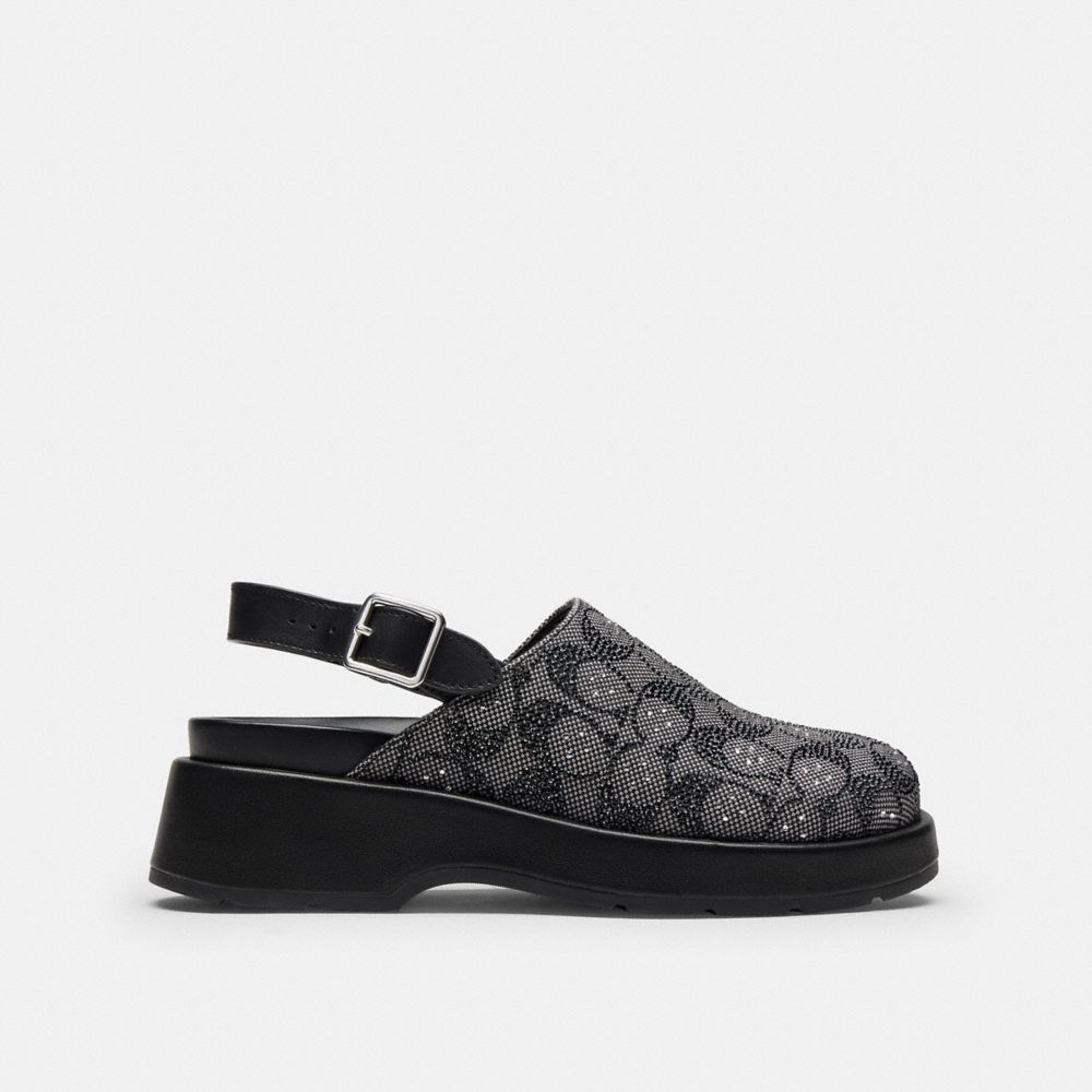 COACH®,Sculpted C Platform Clog In Crystal Signature Jacquard,Rubber,Recycled Polyester,Leather,Shearling,Cotton,Clogs,Cry...,Multi Color,Angle View