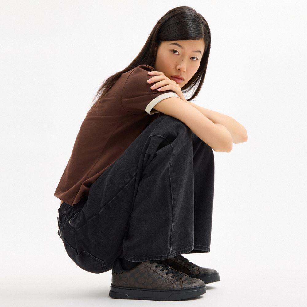 COACH®,High Line Sneaker In Signature Canvas,Leather,Canvas,EVA,Casual,Low Top,Fabric,Logo,Pull Tab,Casual,Brown,Detail View