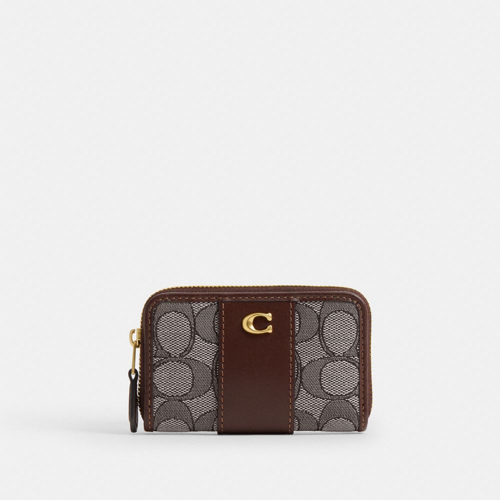 COACH®,Essential Small Zip Around Card Case In Signature Jacquard,Leather,Recycled Polyester,Recycled Cotton,Card Case,Met...,Brown,Front View