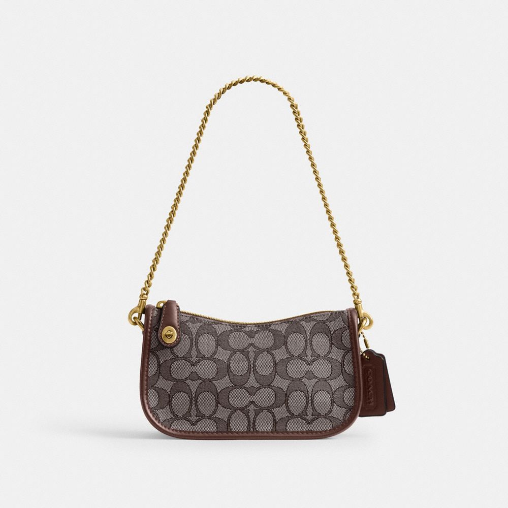 COACH®,Swinger Bag 20 With Chain In Signature Jacquard,Leather,Calfskin Leather,Fabric,Shoulder Bag,Logo,Compact,Brass,Day...,Brown,Front View
