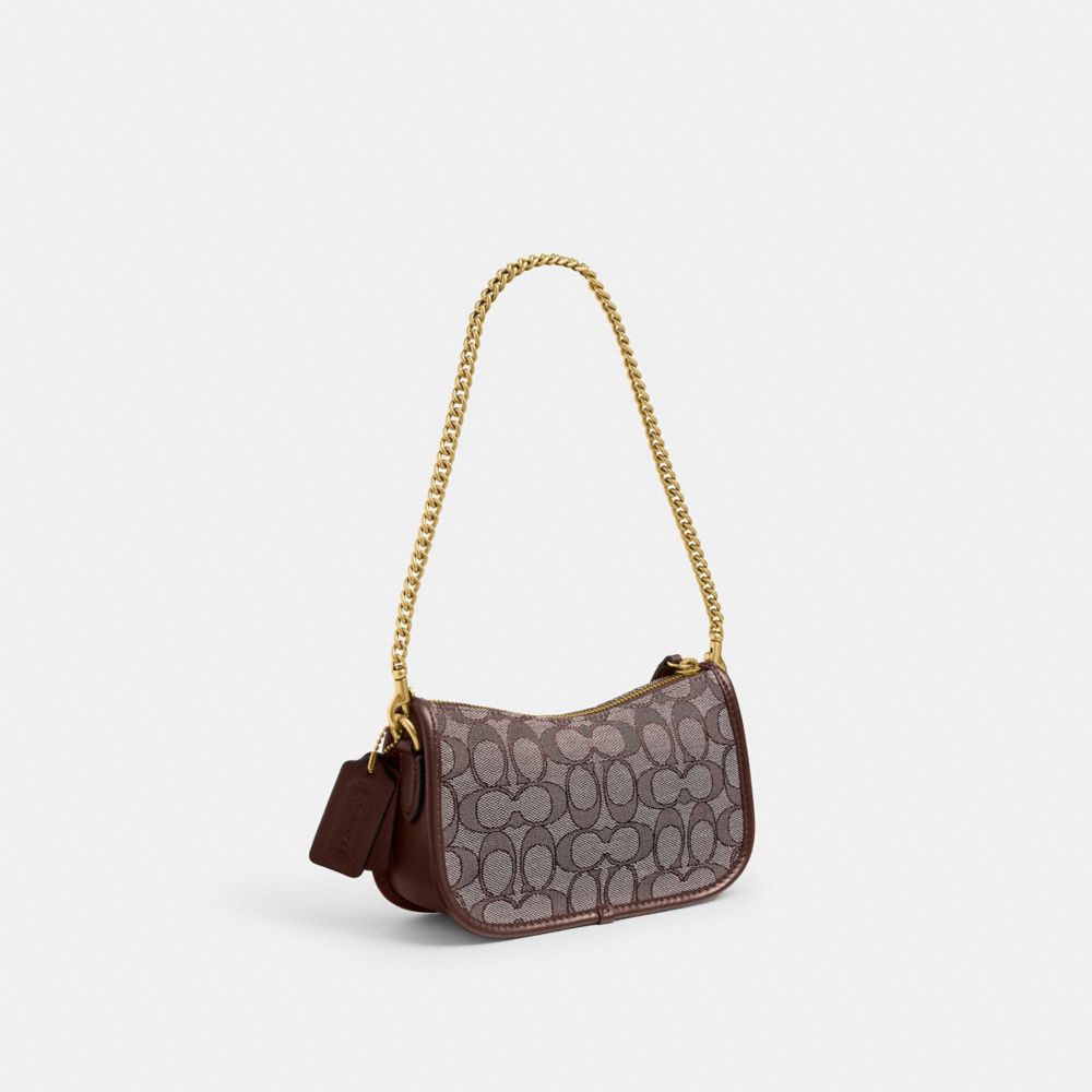 COACH®,Swinger Bag 20 With Chain In Signature Jacquard,Leather,Calfskin Leather,Fabric,Shoulder Bag,Logo,Compact,Brass,Day...,Brown,Angle View