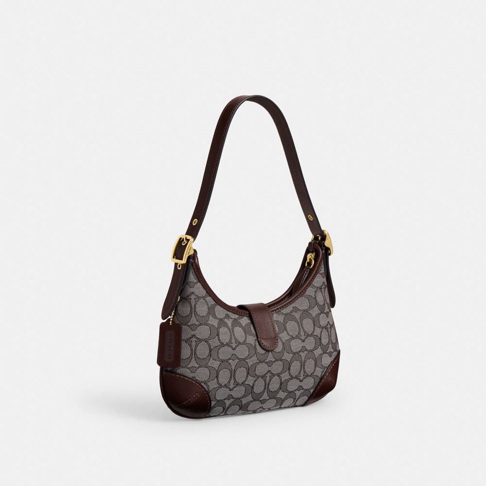 COACH®,Hamptons Hobo Bag In Signature Jacquard,Leather,Cotton,Calfskin Leather,Recycled Polyester,Shoulder Bag,Color Block...,Brown,Angle View