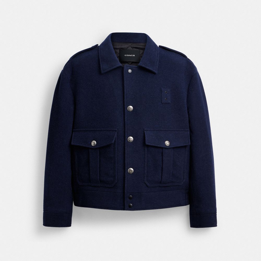 COACH®,Short Wool Jacket,Polyamide,Wool,Polyester,Viscose,Shirt Jacket,Button,Casual,Navy,Front View