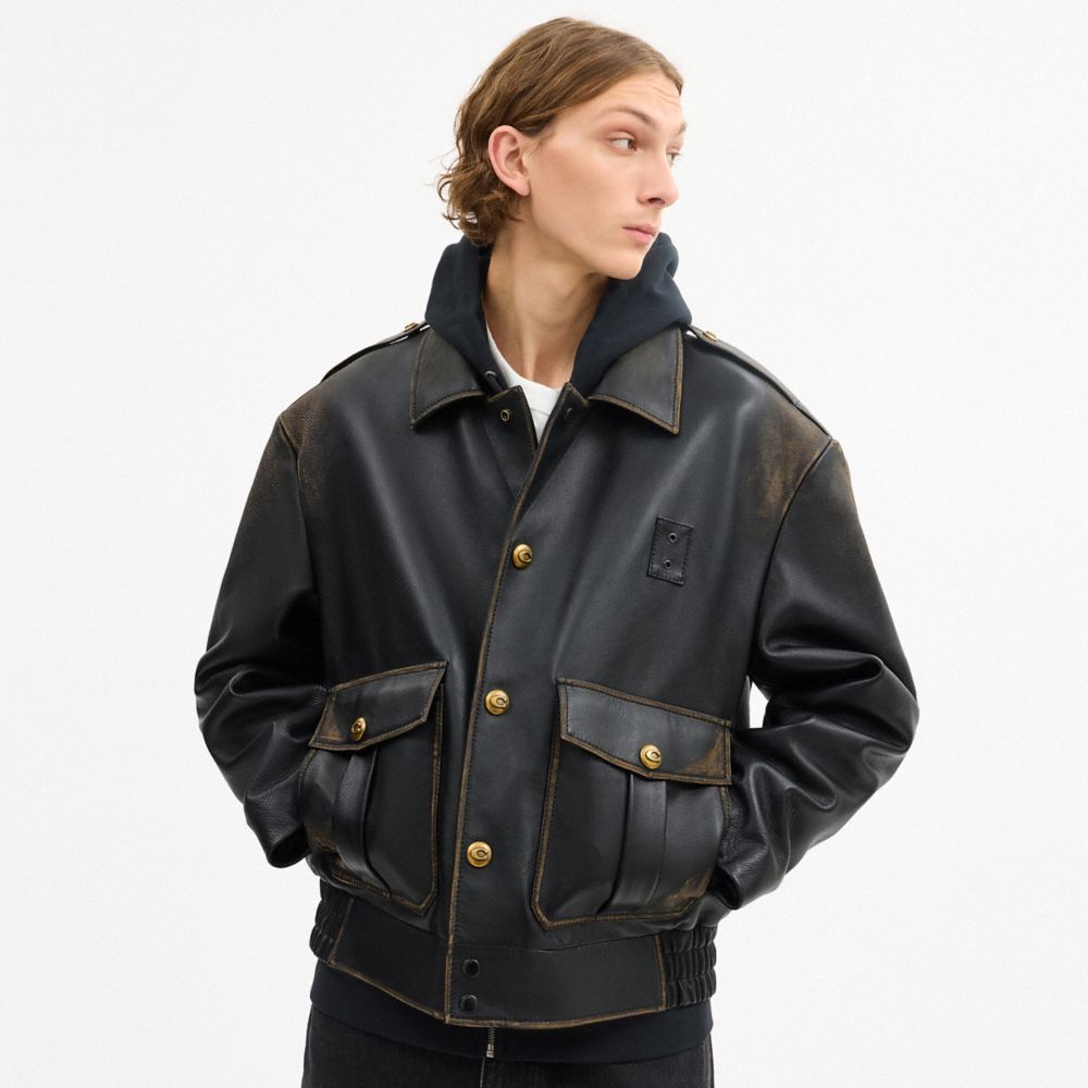 COACH®,Short Leather Jacket In Loved Leather,Polyester,Leather,Viscose,Leather,Button,Casual,Black,Scale View