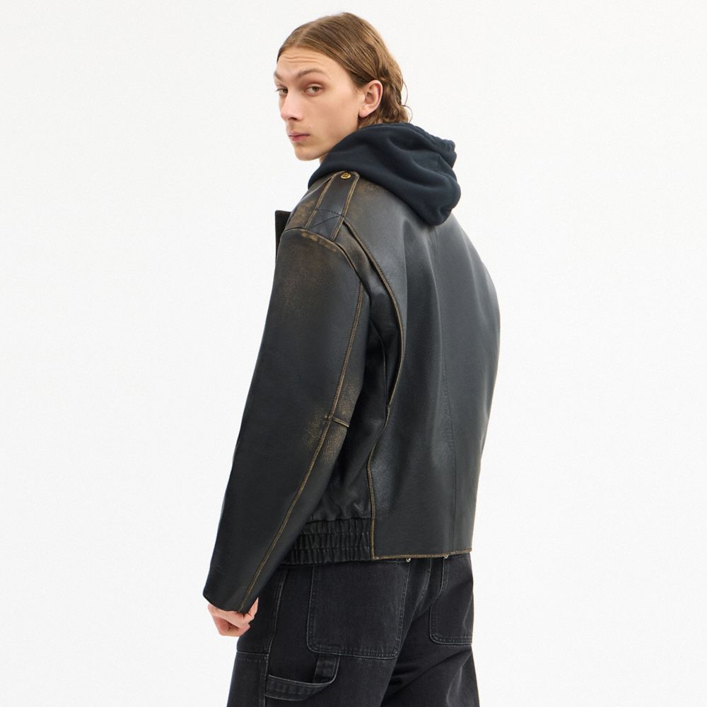 COACH®,Short Leather Jacket In Loved Leather,Polyester,Leather,Viscose,Leather,Button,Casual,Black,Scale View