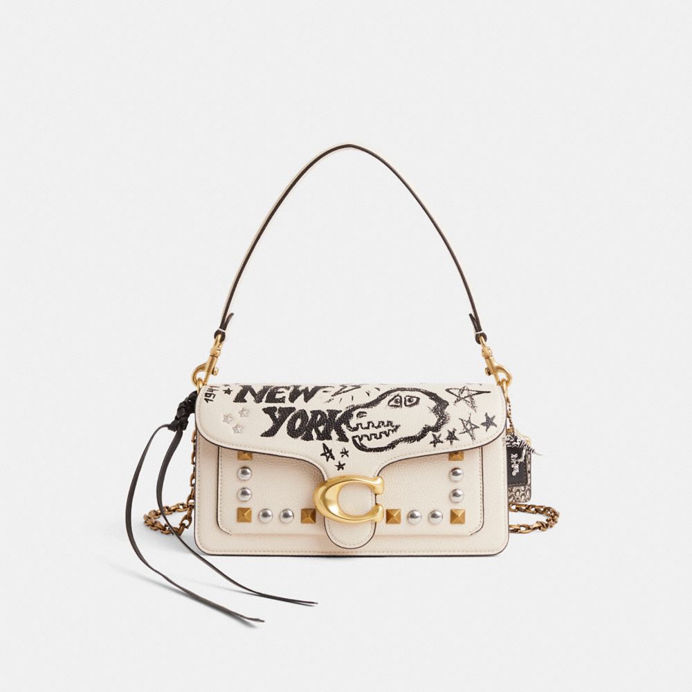 COACH®,Upcrafted Tabby Shoulder Bag 26,Leather,Shoulder Bag,Chain Detail,3D Embellishment,Studded,Logo,Mixed Metal,Gold Me...,Cream,Front View
