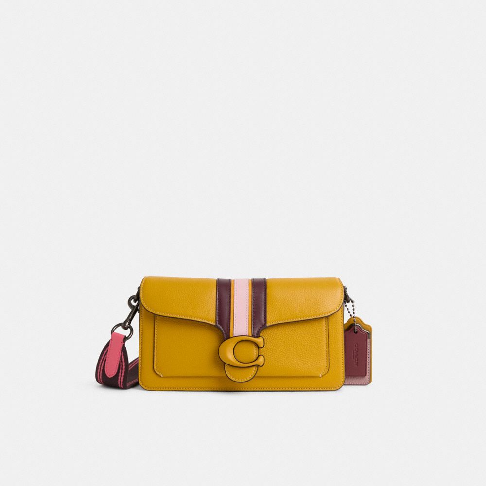 COACH®,Upcrafted Tabby Shoulder Bag 26,Leather,Shoulder Bag,Embossed,Metal,Stripe,Logo,Adjustable,Color Metal,Casual,Mustard,Front View