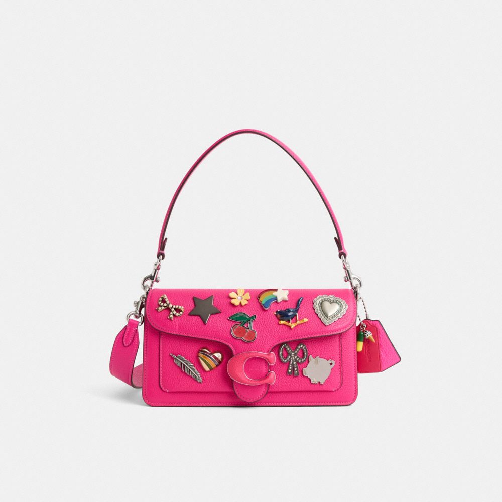 COACH®,Upcrafted Tabby Shoulder Bag 26,Leather,Shoulder Bag,Logo,Metal,Bow,Silver Metal,Day Party,Fuchsia,Front View