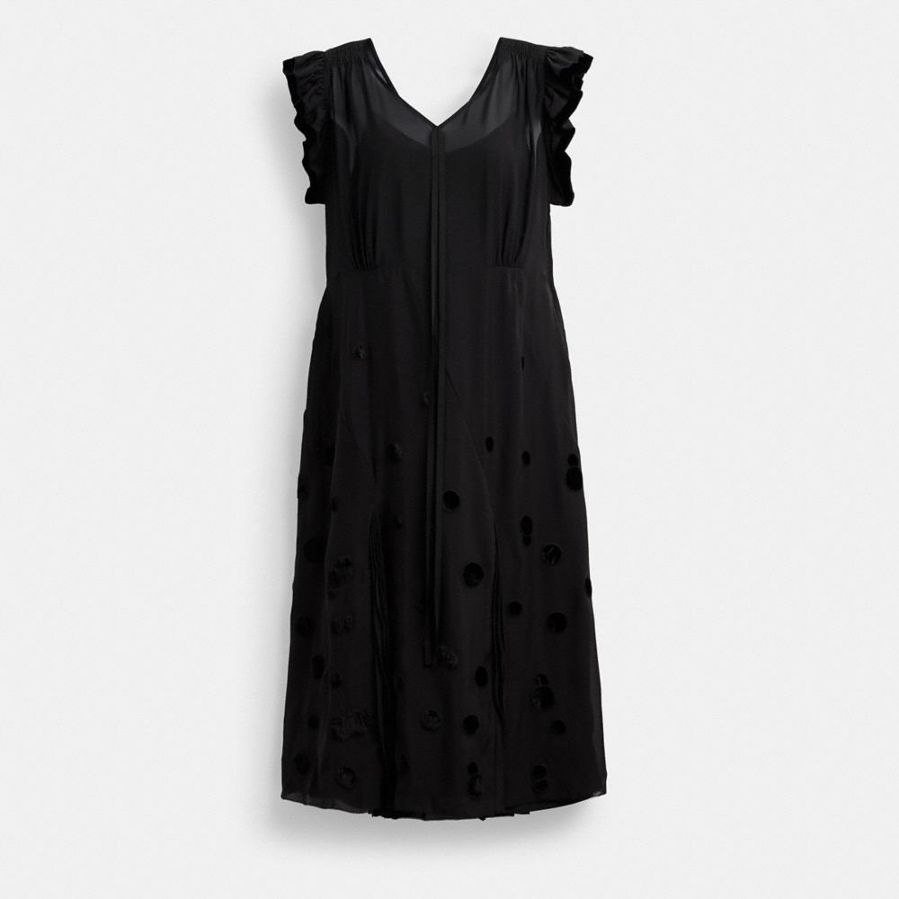 COACH®,V-Neck Dress With Velvet Dots,Viscose,Silk,Polyester,A-Line,Ruched,Shirring,Eyelash Trim,Applique,Detachable Slip,D...,Black,Front View