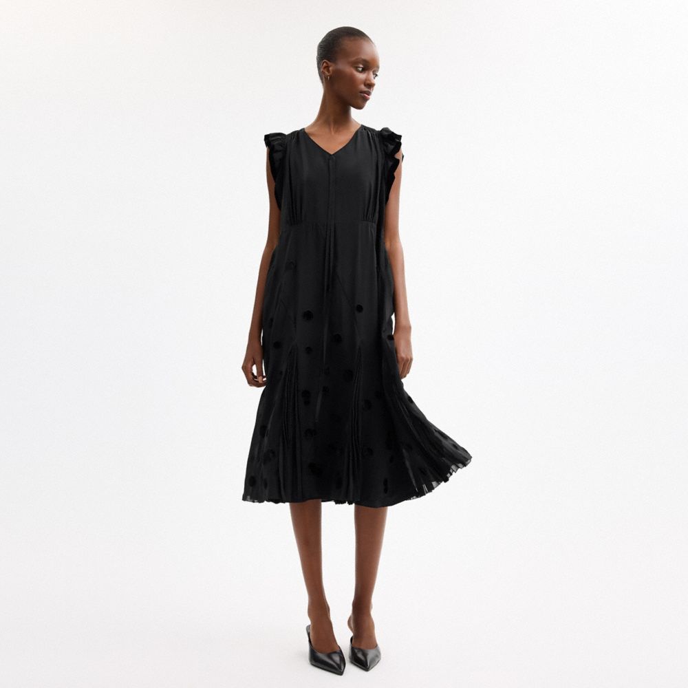 COACH®,V-Neck Dress With Velvet Dots,Viscose,Silk,Polyester,A-Line,Ruched,Shirring,Eyelash Trim,Applique,Detachable Slip,D...,Black,Scale View