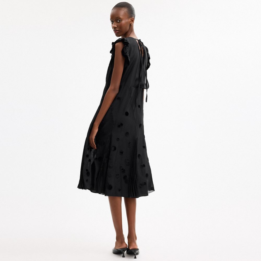 COACH®,V-Neck Dress With Velvet Dots,Viscose,Silk,Polyester,A-Line,Ruched,Shirring,Eyelash Trim,Applique,Detachable Slip,D...,Black,Scale View