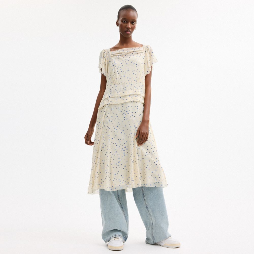 COACH®,Printed Star Dress,Silk,A-Line,Pleats,Lined,Detachable Slip,Day Party,Cream,Scale View