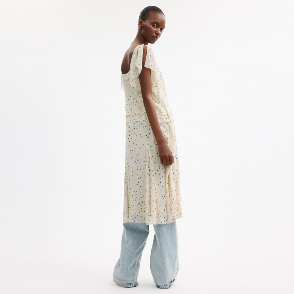 COACH®,Printed Star Dress,Silk,A-Line,Pleats,Lined,Detachable Slip,Day Party,Cream,Scale View