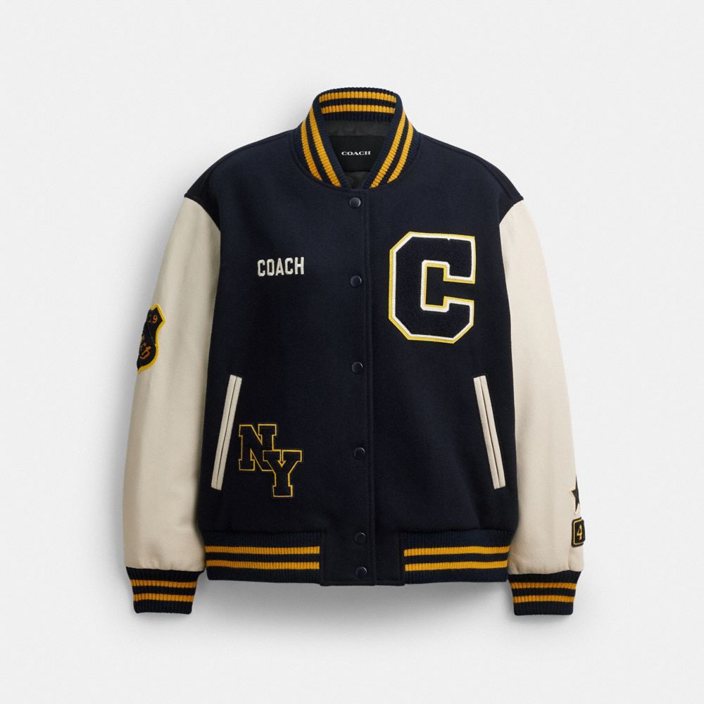 COACH®,Wool Varsity Jacket,Polyester,Leather,Viscose,Polyamide,Acrylic,Wool,Polyester Blend,Wool Blend,Bomber,Color Block,...,Multi Color,Front View