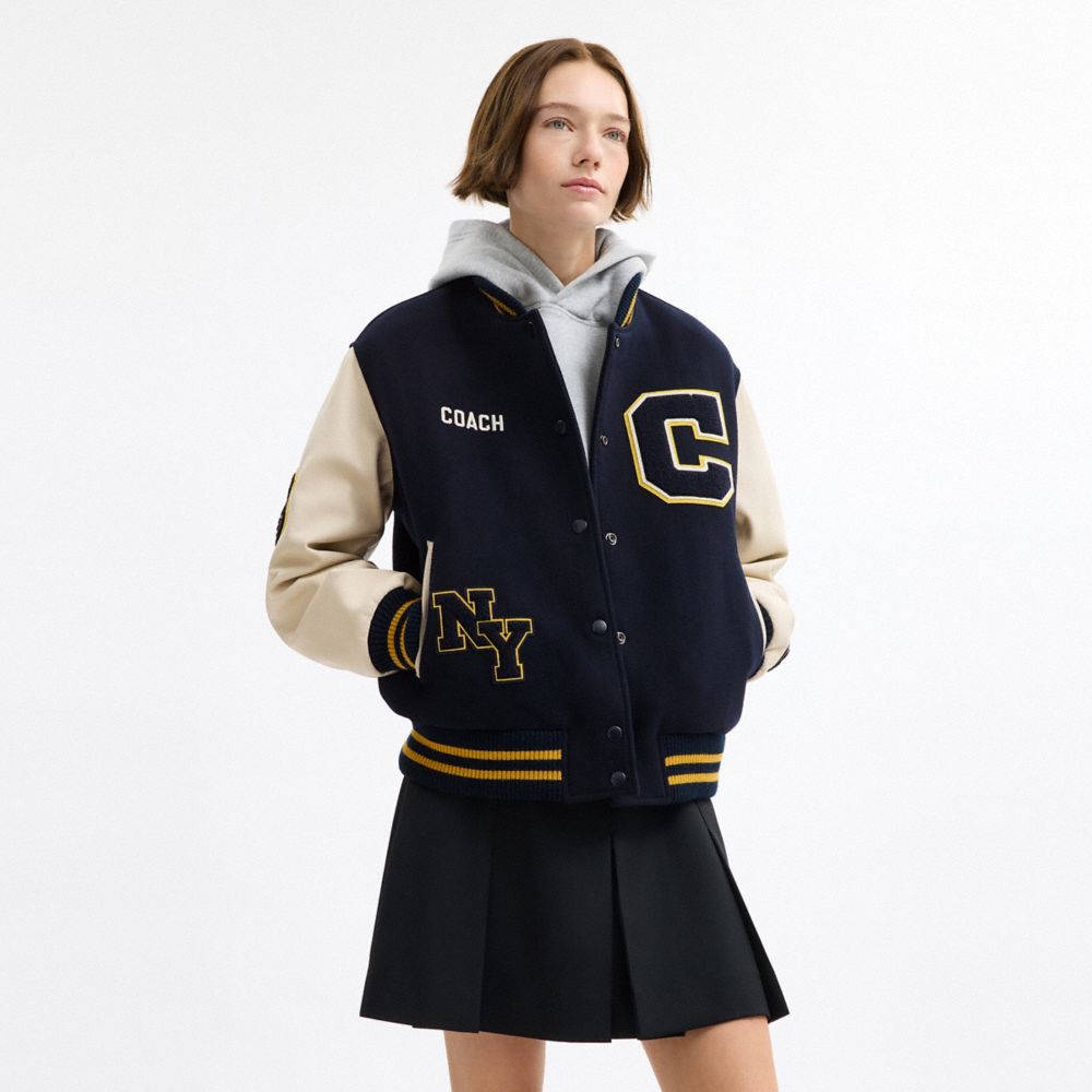 COACH®,Wool Varsity Jacket,Polyester,Leather,Viscose,Polyamide,Acrylic,Wool,Polyester Blend,Wool Blend,Bomber,Color Block,...,Multi Color,Scale View