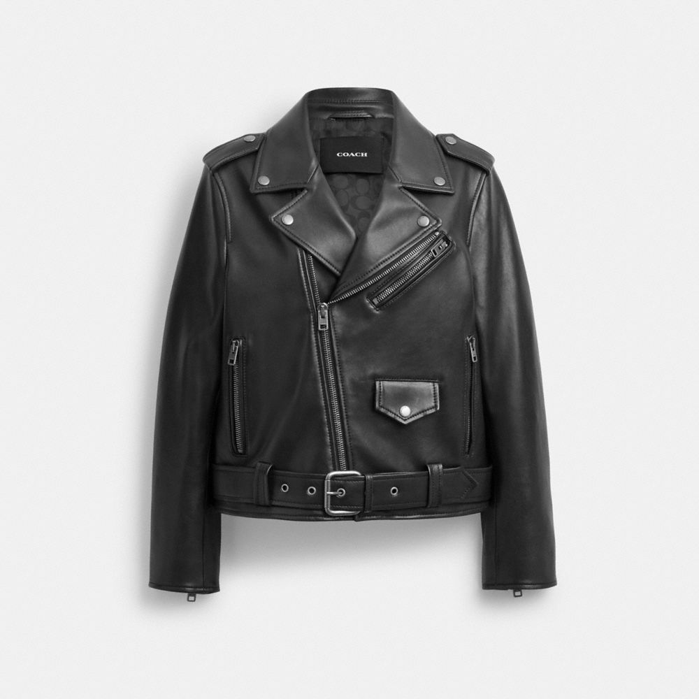 COACH®,Belted Moto Jacket,Leather,Moto,Button,Zipper,Casual,Black,Front View