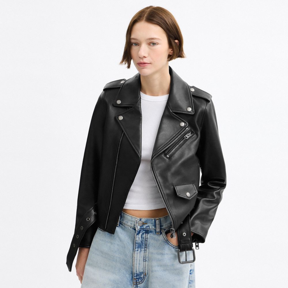 COACH®,Belted Moto Jacket,Leather,Moto,Button,Zipper,Casual,Black,Scale View