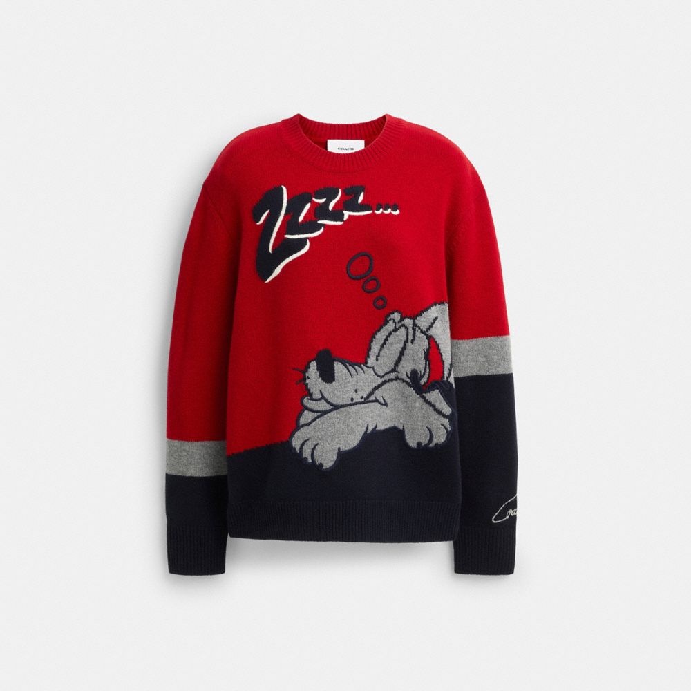COACH®,Disney X Coach Pluto Crewneck Sweater,Cashmere,Acrylic,Wool,Sweater,Pullover,Color Block,Casual,Red,Front View
