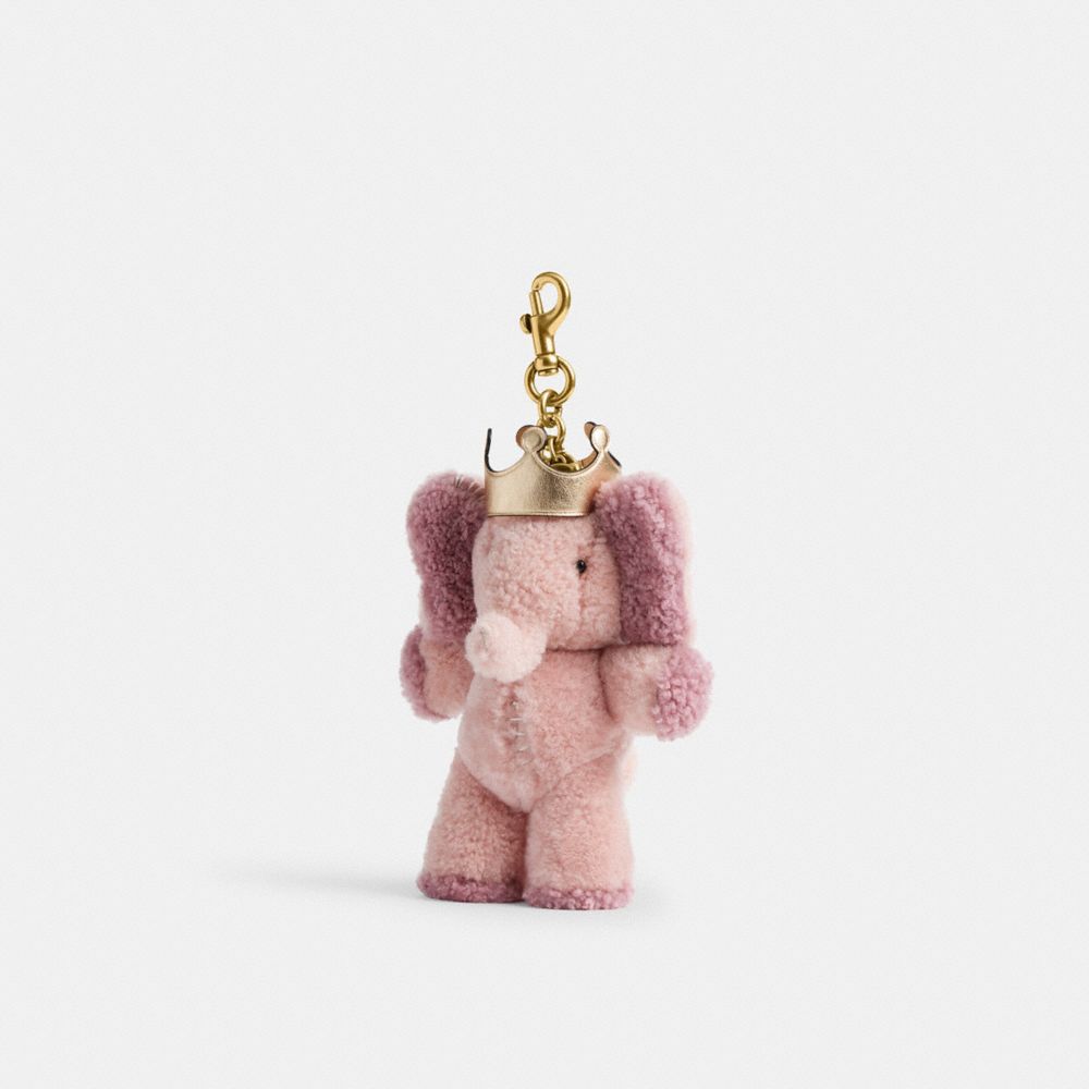 COACH®,Elie With Crown Bag Charm In Shearling,Shearling,Leather,Bag Charm,Metal Material,3D Embellishment,Brass,Pink,Front View