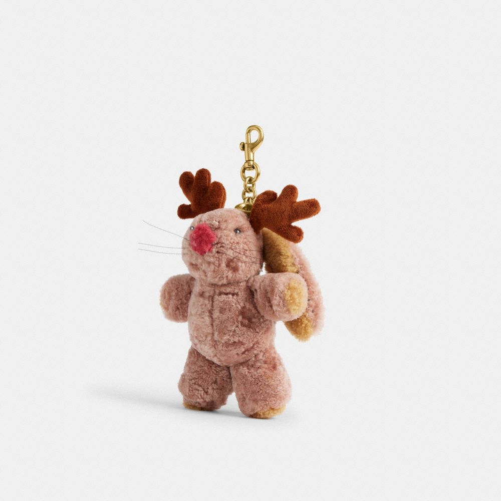 COACH®,Floppy With Antlers Bag Charm In Shearling,Leather,Shearling,Bag Charm,3D Embellishment,Brass,Multi Color,Front View