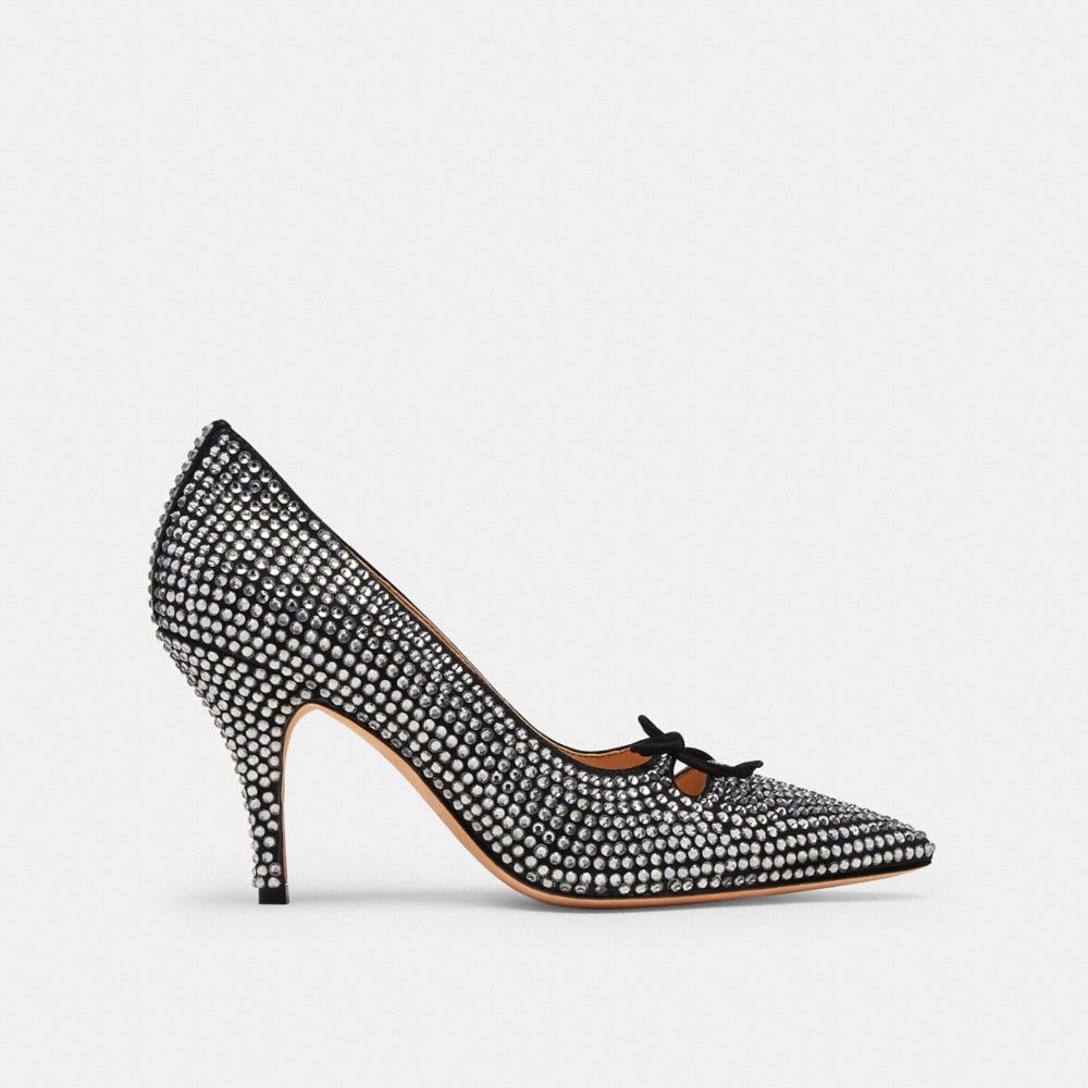 COACH®,Pump With Crystals,Leather,Suede,Pumps,Fabric,Embellished,Bow,Rhinestones,Cut Out,Pull Tab,Cocktail,Multi Color,Angle View