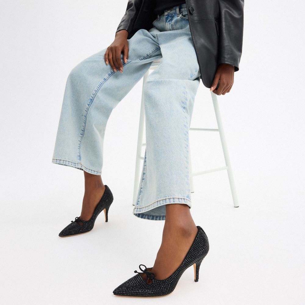 COACH®,Pump With Crystals,Leather,Suede,Pumps,Fabric,Embellished,Bow,Rhinestones,Cut Out,Pull Tab,Cocktail,Multi Color,Detail View