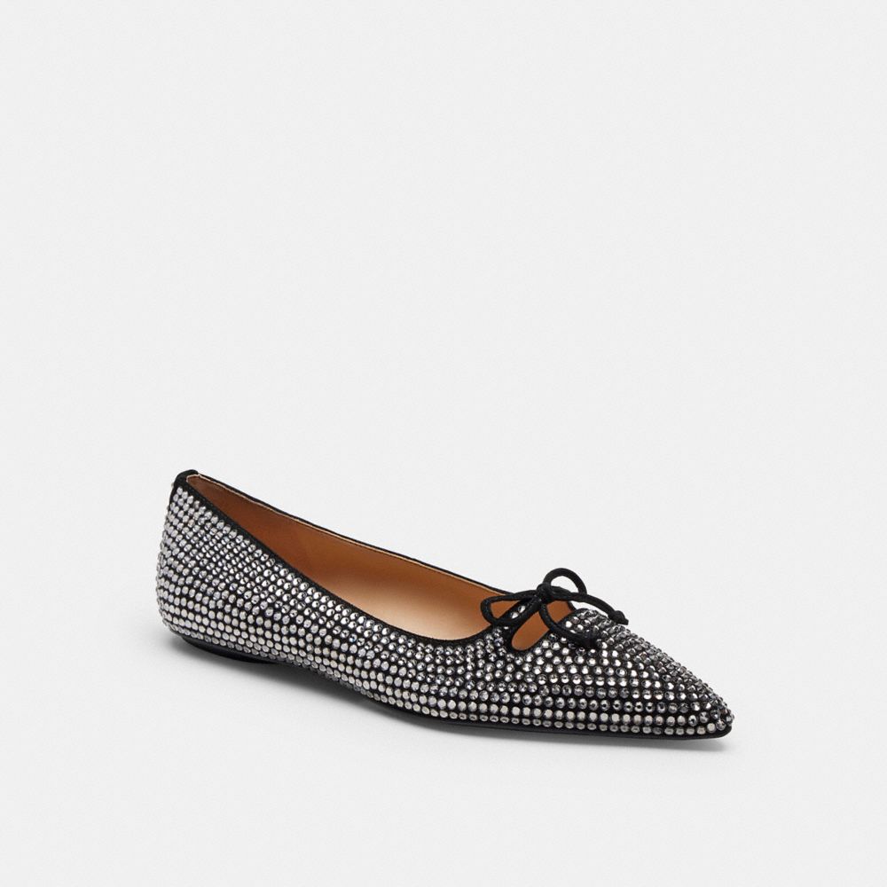 COACH®,Flat With Crystals,Rubber,Suede,Leather,Flats,Crystal,Cut Out,Rhinestones,Bow,Embellished,Pull Tab,Traction,Cocktail,Multi Color,Front View