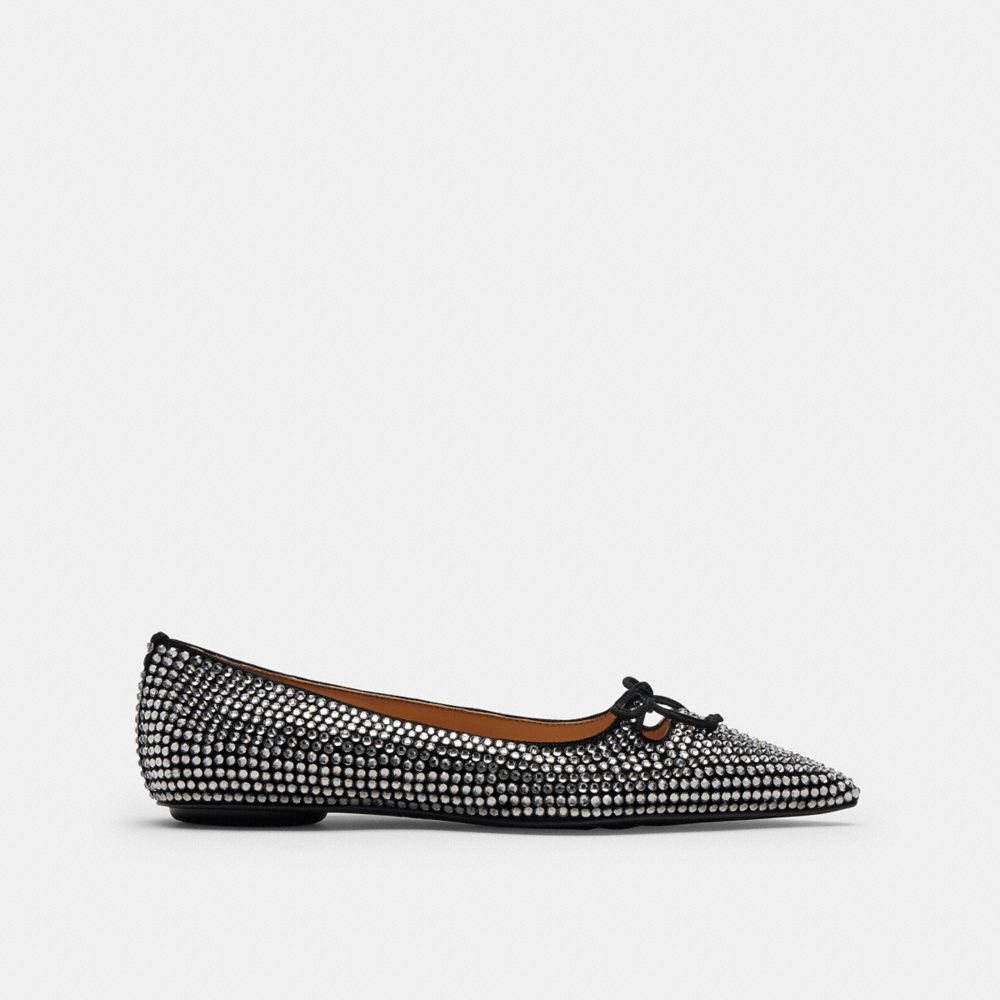 COACH®,Flat With Crystals,Rubber,Suede,Leather,Flats,Crystal,Cut Out,Rhinestones,Bow,Embellished,Pull Tab,Traction,Cocktail,Multi Color,Angle View