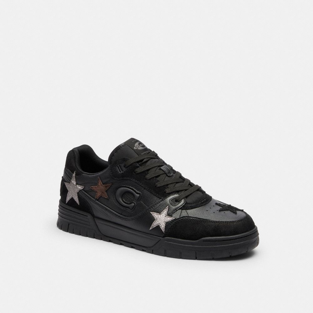 COACH®,Soho Sneaker With Stars,Rubber,Recycled Polyester,Suede,Leather,EVA,Low Top,Casual,Fabric,Mixed Media,Perforated,Lo...,Black,Front View