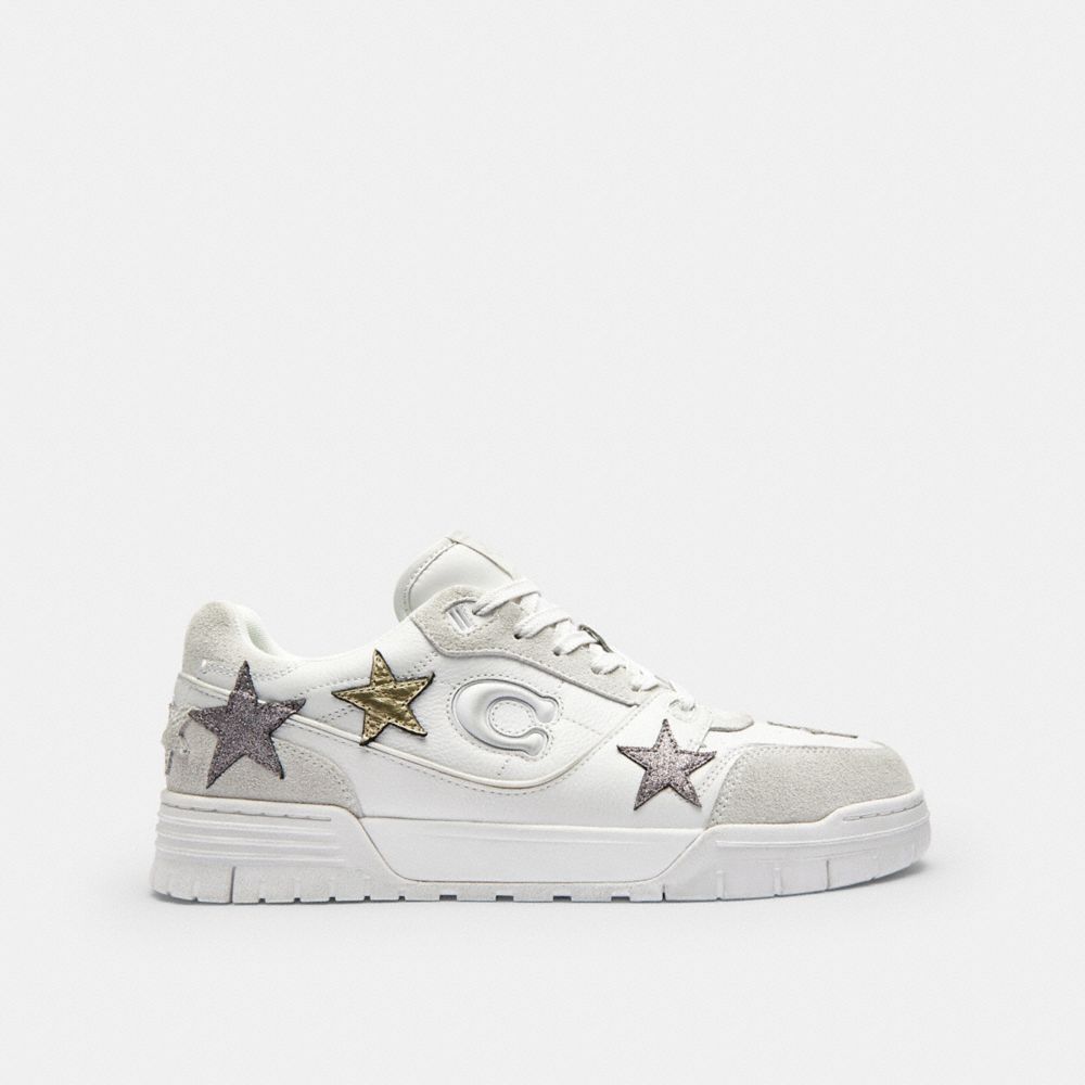 COACH®,Soho Sneaker With Stars,Rubber,Recycled Polyester,Suede,Leather,EVA,Low Top,Casual,Fabric,Mixed Media,Perforated,Lo...,White,Angle View