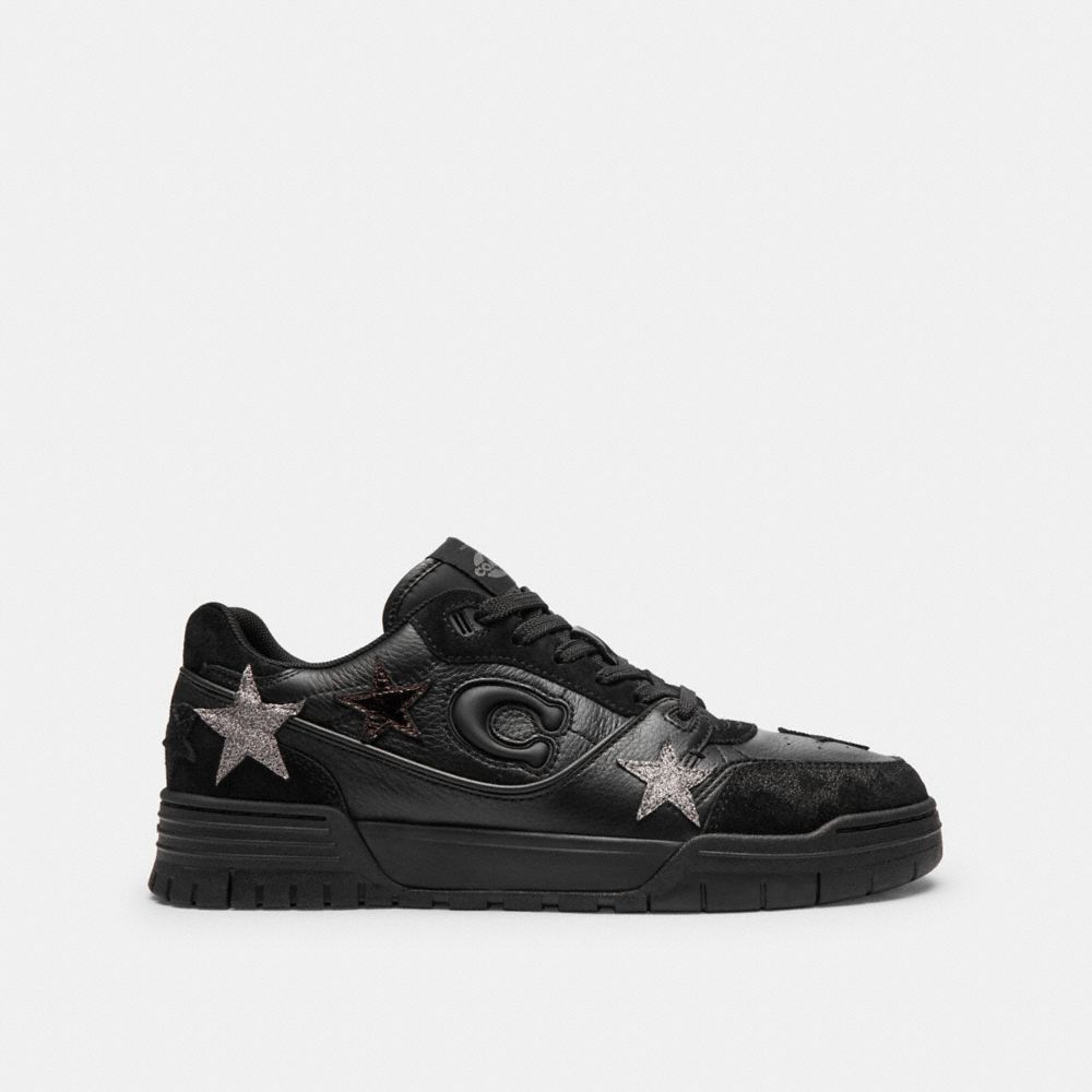 COACH®,Soho Sneaker With Stars,Polyester,Suede,Rubber,Recycled Polyester,Leather,Low Top,Casual,Fabric,Perforated,Logo,Mix...,Black,Angle View