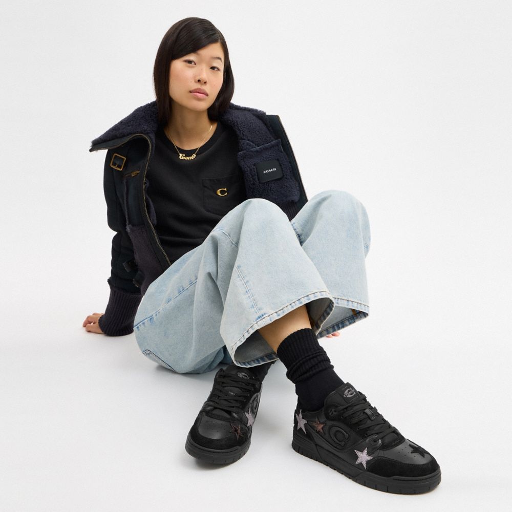 COACH®,Soho Sneaker With Stars,Polyester,Suede,Rubber,Recycled Polyester,Leather,Low Top,Casual,Fabric,Perforated,Logo,Mix...,Black,Detail View