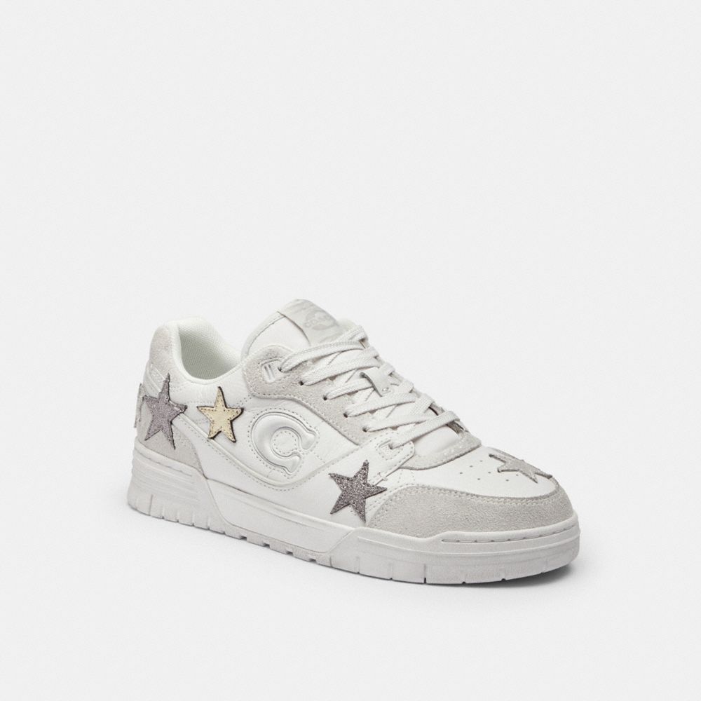 COACH®,Soho Sneaker With Stars,Polyester,Suede,Rubber,Recycled Polyester,Leather,Low Top,Casual,Fabric,Perforated,Logo,Mix...,White,Front View