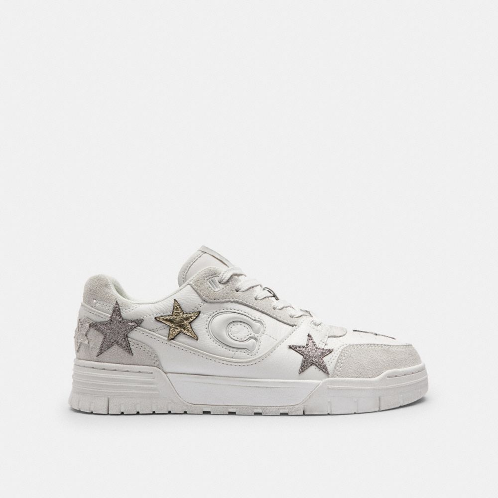 COACH®,Soho Sneaker With Stars,Polyester,Suede,Rubber,Recycled Polyester,Leather,Low Top,Casual,Fabric,Perforated,Logo,Mix...,White,Angle View