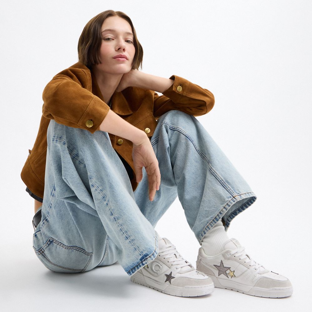 COACH®,Soho Sneaker With Stars,Polyester,Suede,Rubber,Recycled Polyester,Leather,Low Top,Casual,Fabric,Perforated,Logo,Mix...,White,Detail View