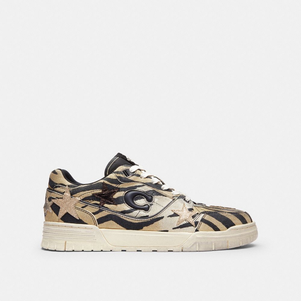 COACH®,Soho Sneaker With Stars,EVA,Recycled Polyester,Rubber,Polyester,Leather,Casual,Low Top,Plastic,Fabric,Logo,Perforat...,Beige,Angle View