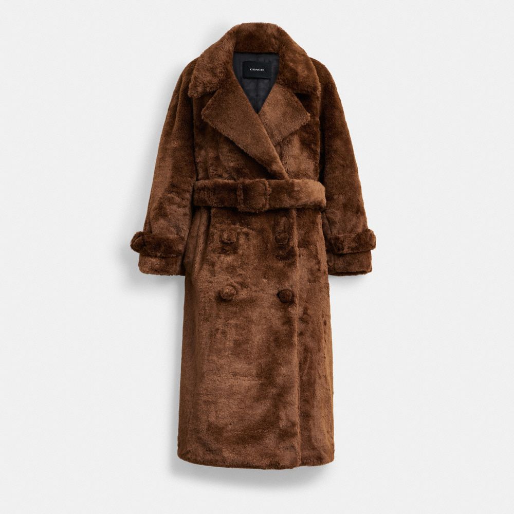 COACH®,Faux Fur Teddy Coat In Recycled Polyester,Faux Fur,Recycled Polyester,Viscose,Fur Coat,Overcoat,Sustainable,Eco-Fri...,Brown,Front View