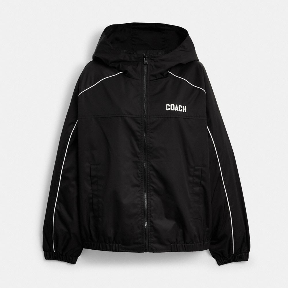 COACH®,Windbreaker In Recycled Polyester,Viscose,Recycled Polyester,Windbreaker,Piping,Sustainable,Casual,Black,Front View