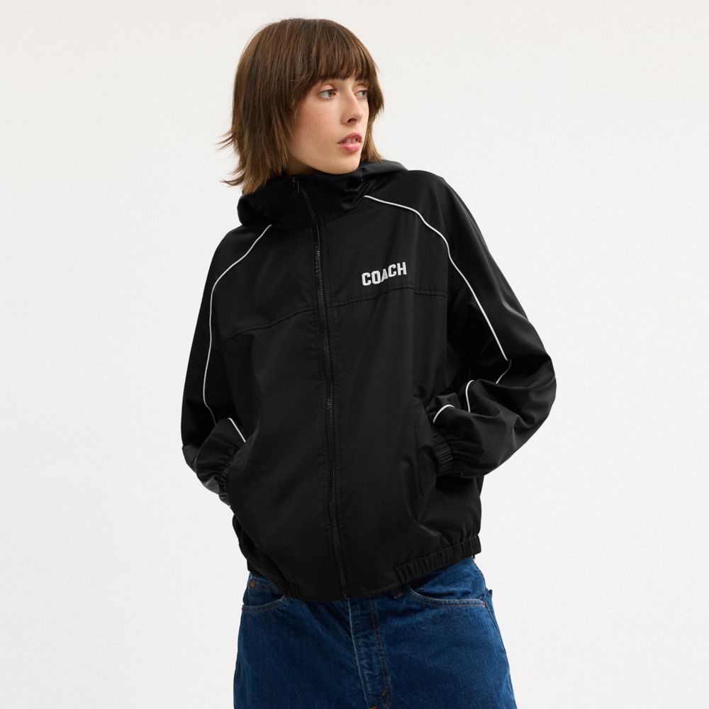 COACH®,Windbreaker In Recycled Polyester,Viscose,Recycled Polyester,Windbreaker,Piping,Sustainable,Casual,Black,Scale View