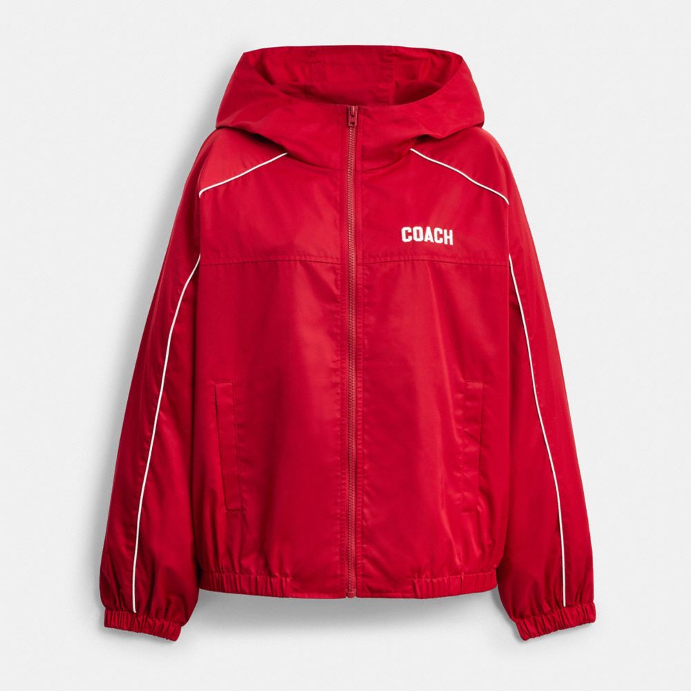 COACH®,Windbreaker In Recycled Polyester,Viscose,Recycled Polyester,Windbreaker,Piping,Sustainable,Casual,Red,Front View